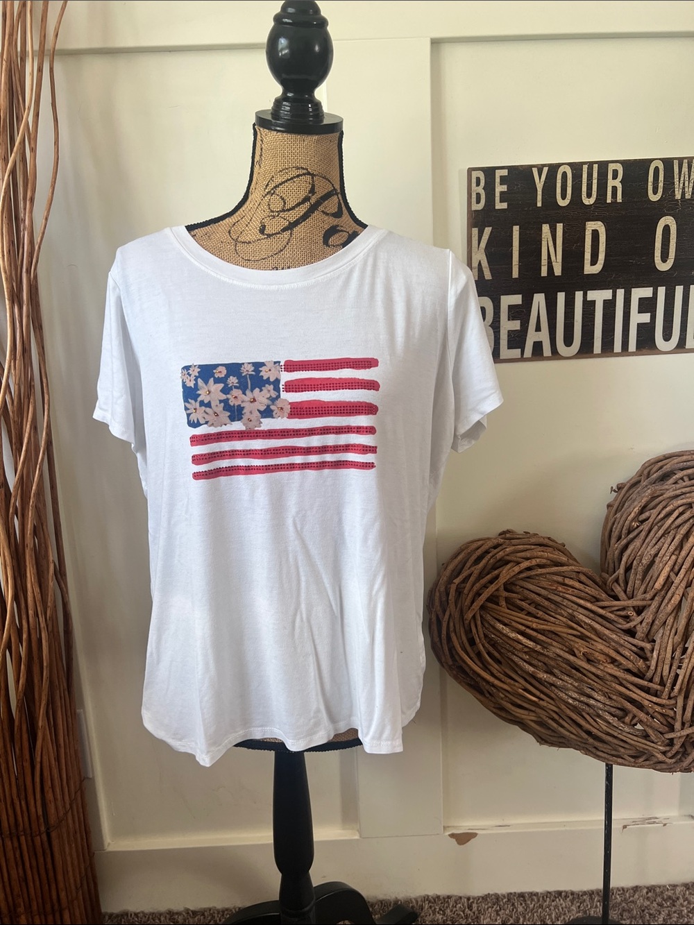 Cyrus White Tee with Floral Flag Graphic - Blue & Red